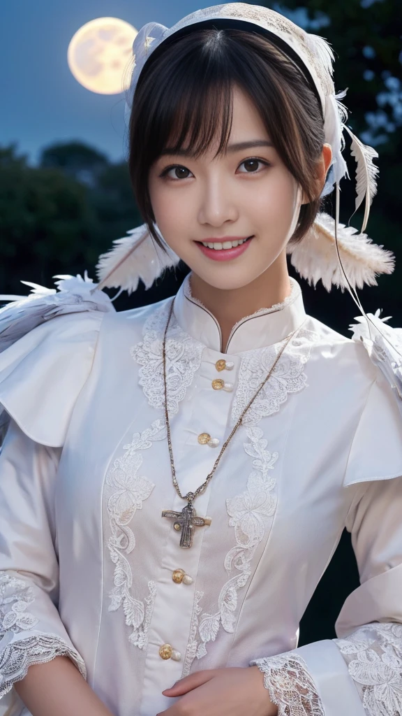 (A Ultra cute young Japanese pope:1.75), (She has clown:1.75),(she wearing a decorated with feathers and lace pope costume slim fit:2.0),(beautiful detailed eyes:2.0),beautiful detailed lips, (extremely detailed cute face:2.0), longeyelashes, (slender woman body:2.0), (beautiful short hair:2.0), (natural makeup,big smile:1.5), incredibly beautiful skin,(professional lighting, bright lighting, photorealistic, 8k, high resolution, best quality, masterpiece, ultra-detailed:1.75), vivid colors, (Moonlit Night:1.5),(The moonlight shines on her face:1.2)