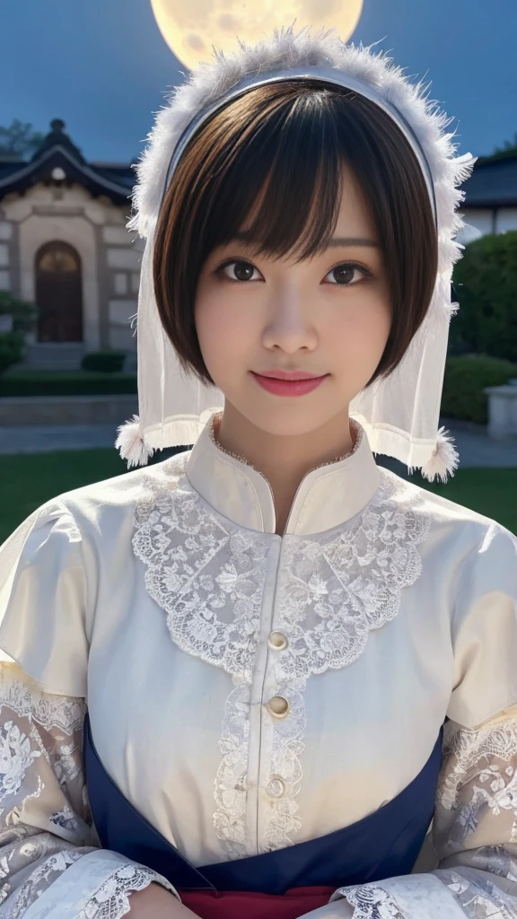 (A Ultra cute young Japanese pope:1.75), (She has clown:1.75),(she wearing a decorated with feathers and lace pope costume slim fit:2.0),(beautiful detailed eyes:2.0),beautiful detailed lips, (extremely detailed cute face:2.0), longeyelashes, (slender woman body:2.0), (beautiful short hair:2.0), (natural makeup,big smile:1.5), incredibly beautiful skin,(professional lighting, bright lighting, photorealistic, 8k, high resolution, best quality, masterpiece, ultra-detailed:1.75), vivid colors, (Moonlit Night:1.5),(The moonlight shines on her face:1.2)