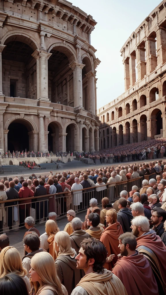 Early Christians, victims in the Roman Colosseum, ancient Rome, simple robes, Colosseum arena, Christians facing wild beasts, cheering crowd and grand stone architecture in the background, wide shot, hyper-realistic, photo realism, cinematography