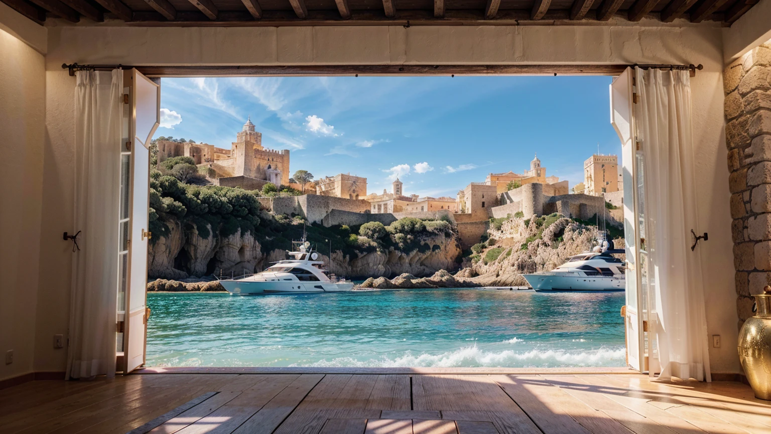 (Castell de Eivissa in Ibiza, Spain, background with water, yachts, boats, detailed architecture, people, vibrant atmosphere), (best quality,4k,8k,16k,Highest,masterpiece:1.2),(realistic,photorealistic,photo-realistic:1.37), (extremely detailed CG unit, 16k wallpaper), 16k UHD, 16k HDR, Fujifilm XT3 sharp focus, professional lighting, vivid colors, intricate details, film grain, Fujifilm XT3 realistic painting art, f5.6, physically-based rendering, natural lighting, cinematic lighting ,dramatic lighting, professional, dynamic movement, colorful lighting, vibrant colors, studio lighting, professional photography, cinematic composition, symmetrical framing, landscape,