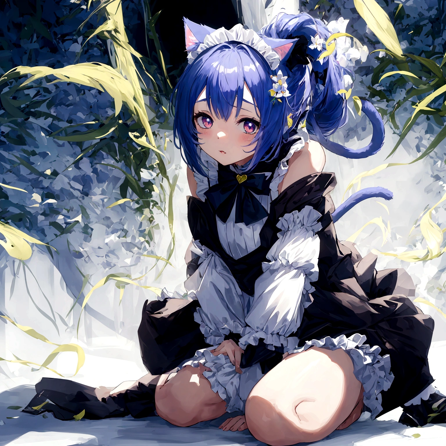 Girl,Cat ear,Tail,Blue long hair,Kneeling,Lean forward,shy,Heart-shaped pupil,Grass background,Maid costume,masterpiece,Ultra-clear,8K,Ultra Detail