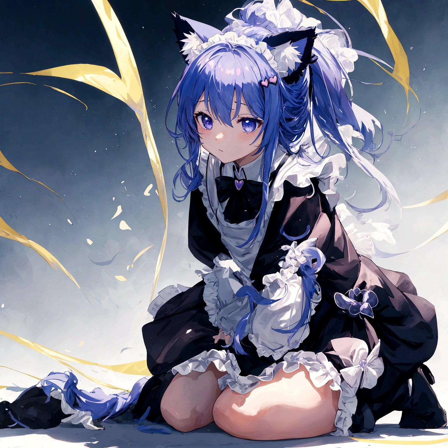 Girl,Cat ear,Tail,Blue long hair,Kneeling,Lean forward,shy,Heart-shaped pupil,Grass background,Maid costume,masterpiece,Ultra-clear,8K,Ultra Detail