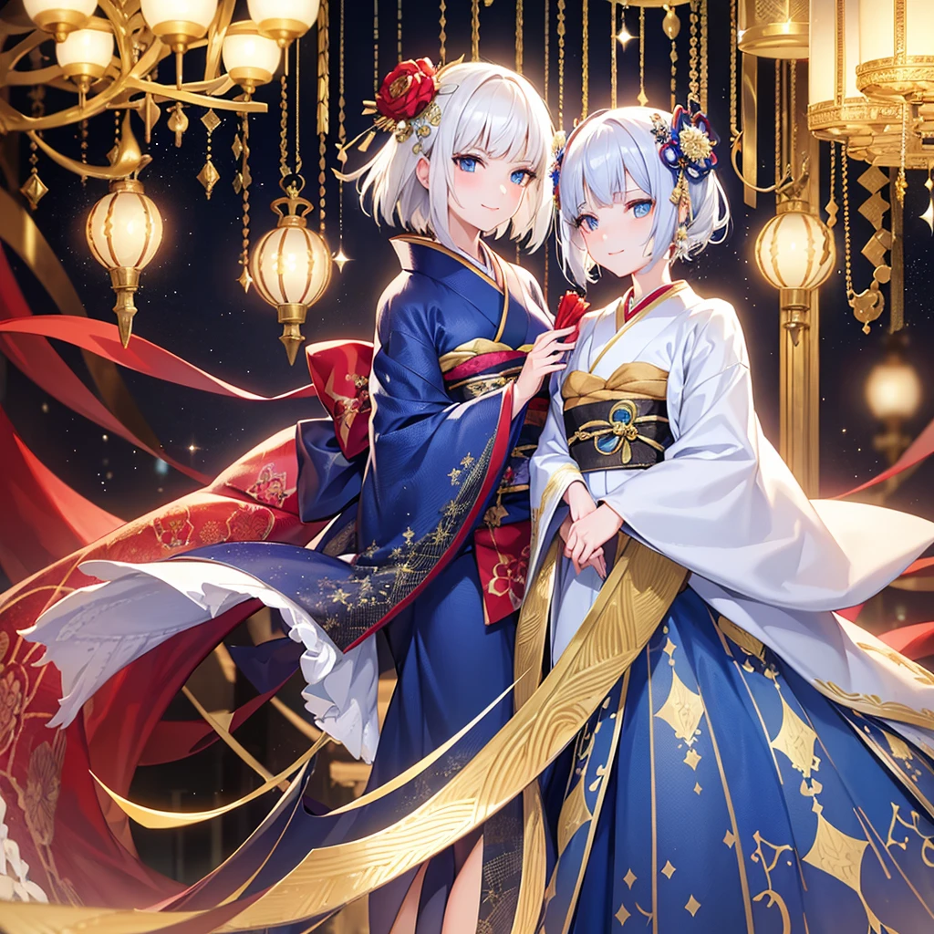 Highest quality,White Hair,short hair,Wearing beautiful hair ornaments,Blue sparkling eyes,A kimono with a black base and glittering gold, red, and blue brocade patterns,Less exposed skin,Young and pretty woman,Staring straight ahead,Smiling,Embarrassed expression