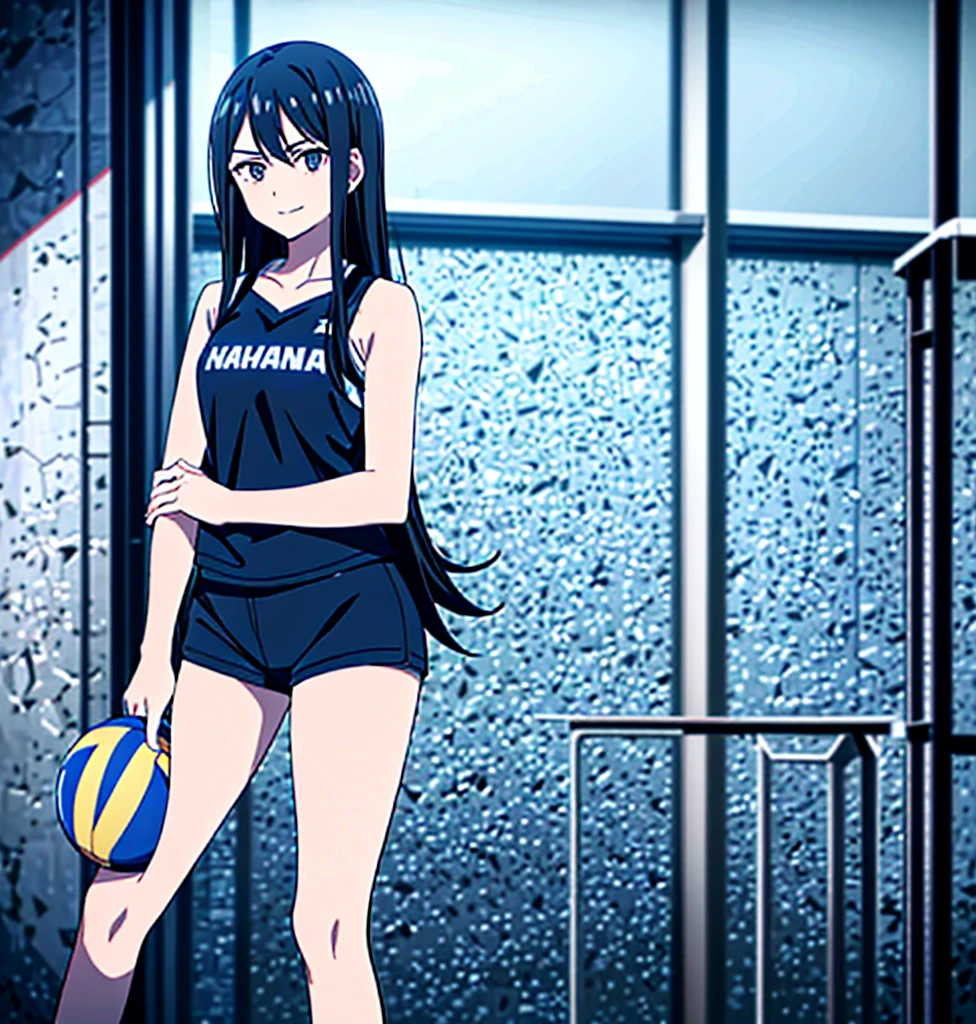17-year-old girl, very dark black hair. She has a long hair, at shoulder height. It doesn't have bangs. Pale skin. She puts a small smile on her face and wears a volleyball uniform. The uniform is navy blue and black. He's wearing shorts, the uniform tank top and volleyball leggings. Haikyuu!!