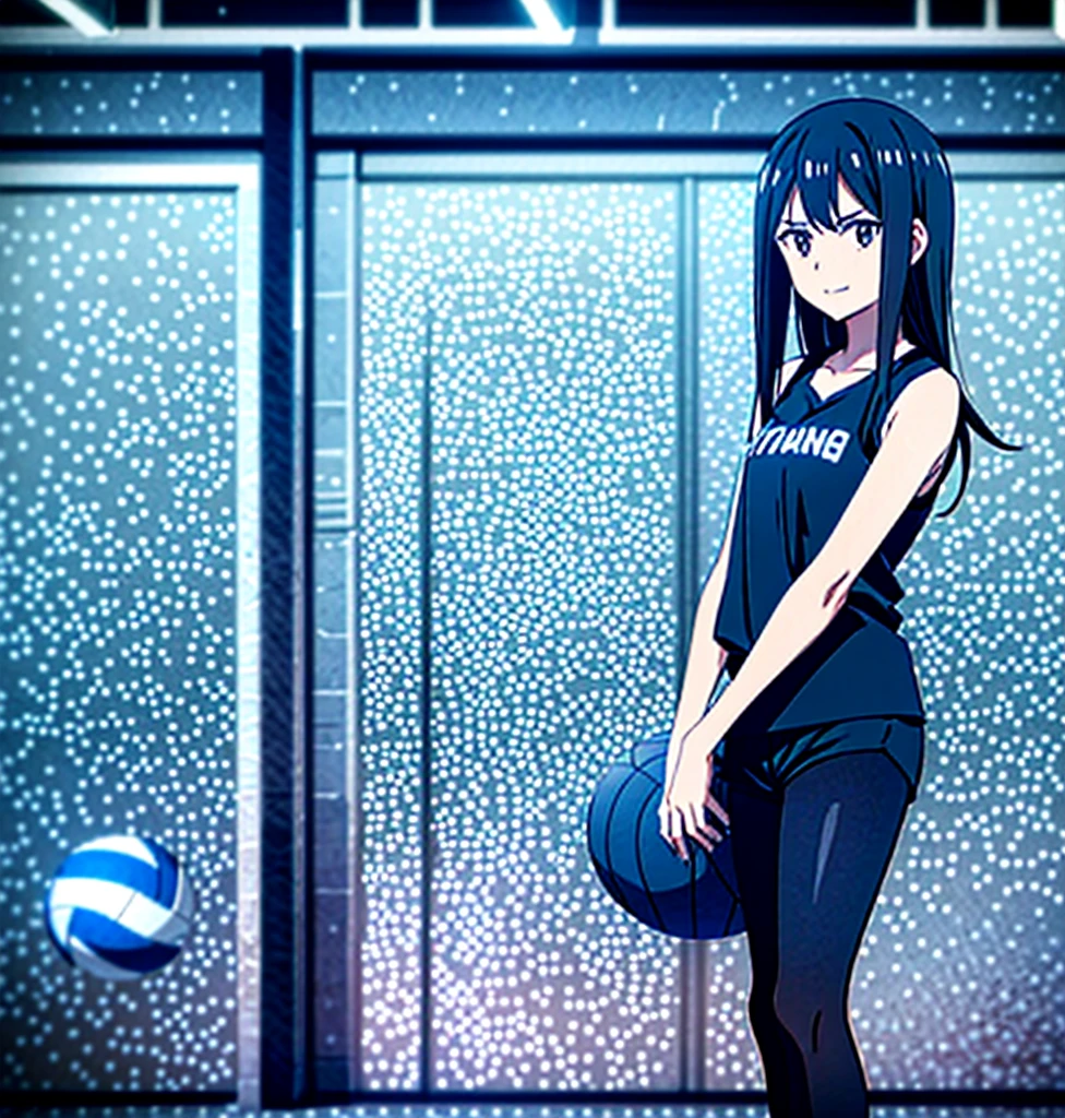 17-year-old girl, very dark black hair. She has a long hair, at shoulder height. It doesn't have bangs. Pale skin. She puts a small smile on her face and wears a volleyball uniform. The uniform is navy blue and black. He's wearing shorts, the uniform tank top and volleyball leggings. Haikyuu!!