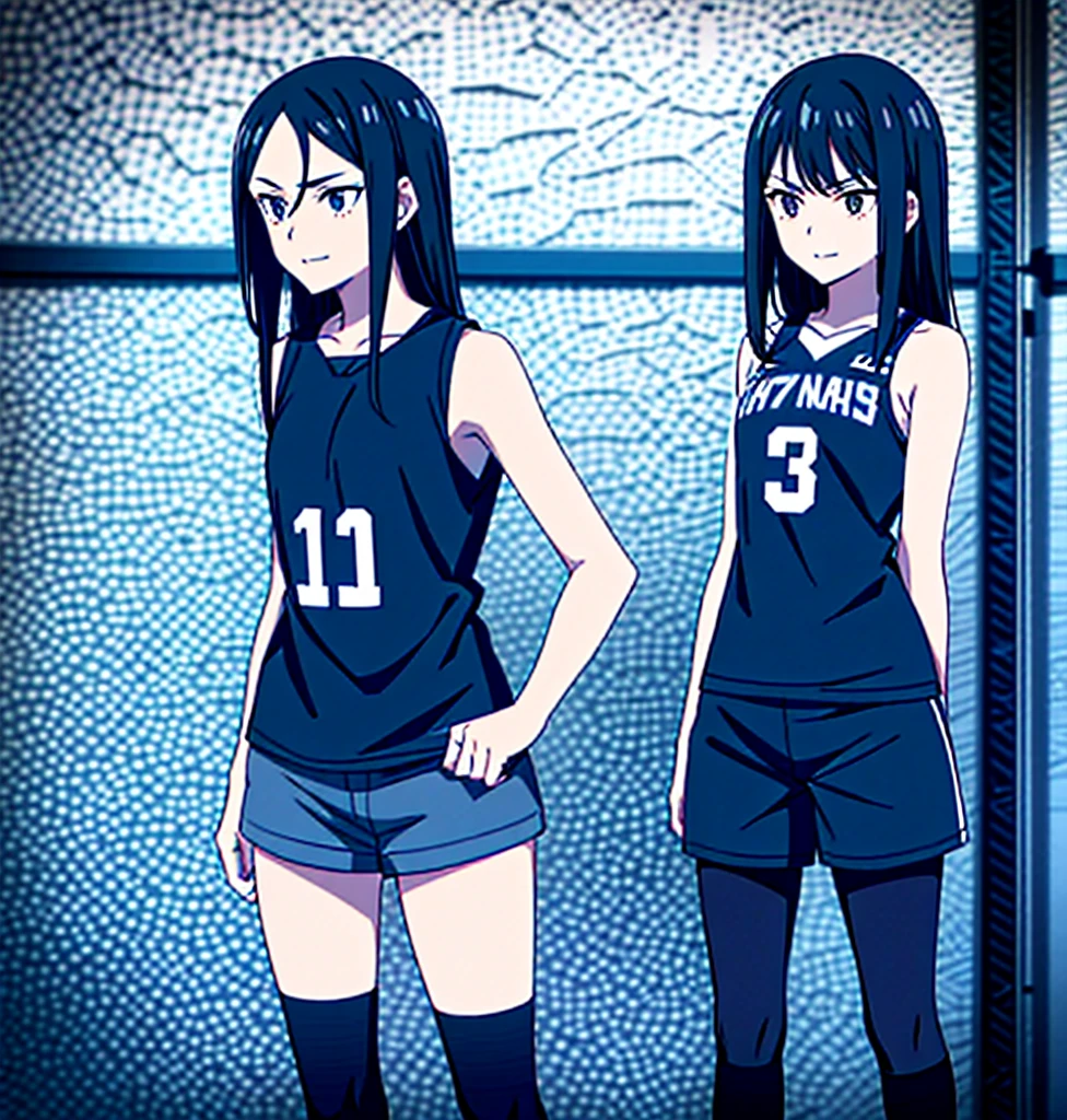17-year-old girl, very dark black hair. She has a long hair, at shoulder height. It doesn't have bangs. Pale skin. She puts a small smile on her face and wears a volleyball uniform. The uniform is navy blue and black. He's wearing shorts, the uniform tank top and volleyball leggings. Haikyuu!!