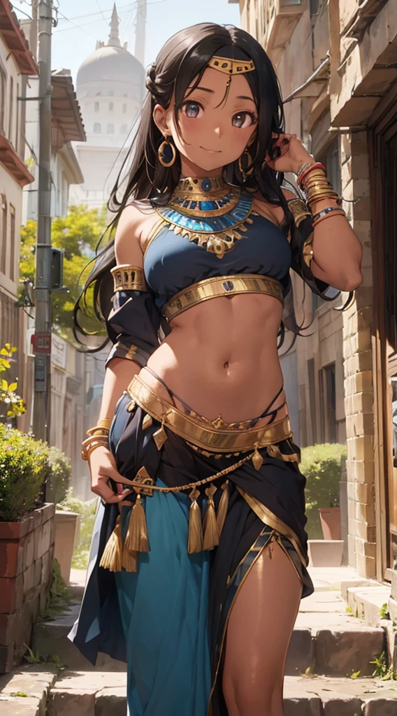 a woman in a traditional egyptian outfit and blue jewelry standing on some steps, 1girl, jewelry, solo, dark-skinned female, navel, dark skin, long hair, armlet, hand on hip, earrings, midriff, black hair, bracelet, breasts, skirt , smile
