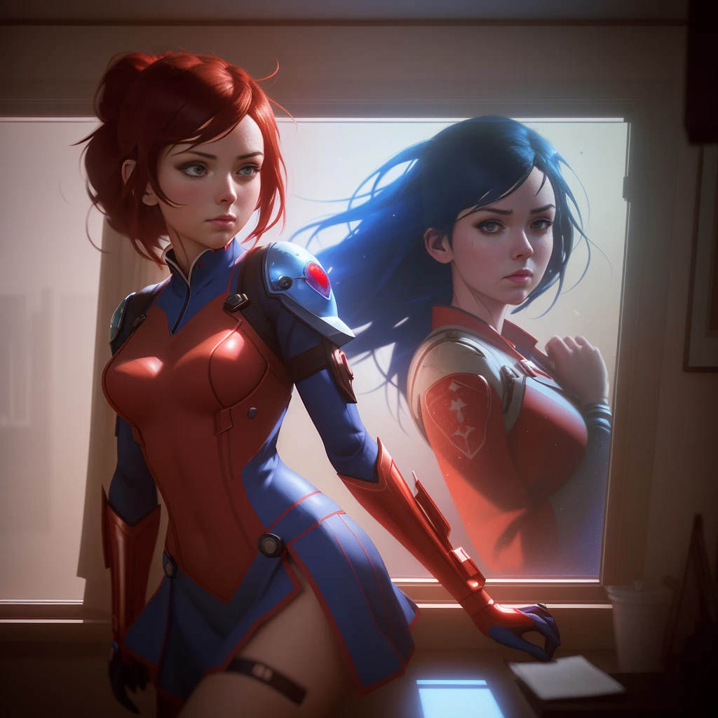 A crafted image of a girl in a red and blue costume looking out a window, in the styles of Wojtek Fus, Ross Tran, and CGSociety, with a realistic anime 3D style, reminiscent of Artgerm, Atey Ghailan, and Ilya Kuvshinov, in 4K resolution, inspired by cinematic CGSociety.