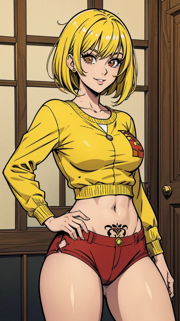 25 year old girl manga style ,delgada con cabello corto color estilo bob color amarillo,ojos verdes oscuros, con mirada linda y sonrisa con busto estilo nanatsu no taizai,with anime style clothes,with top and crimson red chameleon tattoo on the abdomen