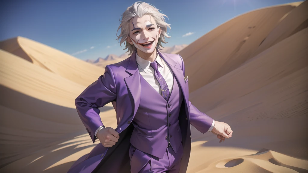Portrait of a man in his 40s、standing、silver hair、the joker、purple dress , smile open mouth , Long body、 、desert background、