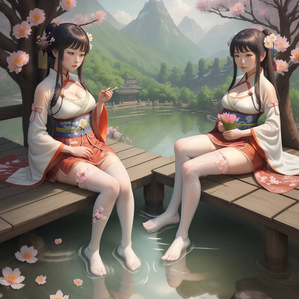 hanfu, 1 girl, medium breasts, cleavage, mountain, soaking feet, sitting, Chinese park background,white thighhighs,Clear water,(feet:1.3), too many flowers,