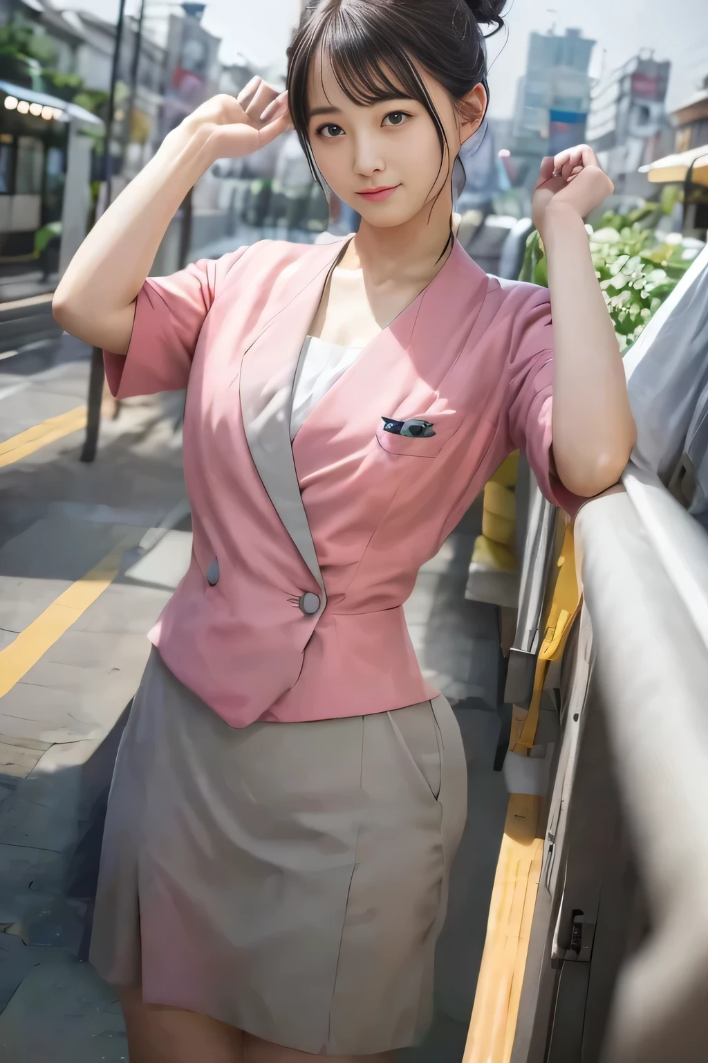 (masterpiece:1.2, highest quality:1.2), 32K HDR, High resolution, (alone、1 girl)、（On the rooftop of a building in the daytime、Professional Lighting）、Building rooftop background、（Nankai train crew uniform pinkを着たリアルスタイル）、（Nankai train crew uniform pink short sleeve collarless pink jacket、Nankai Train Crew Uniform Pink Collarless Short Sleeve Blouse、Nankai Train Crew Uniform Pink Grey Knee-length Culottes）、（（The bottom of the pink short-sleeved jacket cannot be tucked into the clay-colored culottes.））、Dark brown hair、（Hair tied up、Hair Bun、Hair Bun）、Dark brown hair、Long Shot、Big Breasts、Thin legs、（（Great hands：2.0）），（（Harmonious body proportions：1.5）），（（Normal limbs：2.0）），（（Normal finger：2.0）），（（Delicate eyes：2.0）），（（Normal eyes：2.0））)、（Nankai Train Crew Uniform Pink Grey Knee-length Culottesを見せた美しい立ち姿）、smile