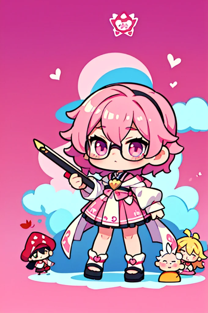 man ,cartoon girl with pink hair and glasses wearing a crown, ((pink)), Official fan art, The delicate androgynous prince, anime moe art style, beautiful androgynous prince, cute art style, Chibi style, 🍁 cute, Kawaii Chibi, ❤🔥🍄🌪, Chibi Art, Fan Art Demon Slayer Rui, cute character, Maple character art, High quality fan art