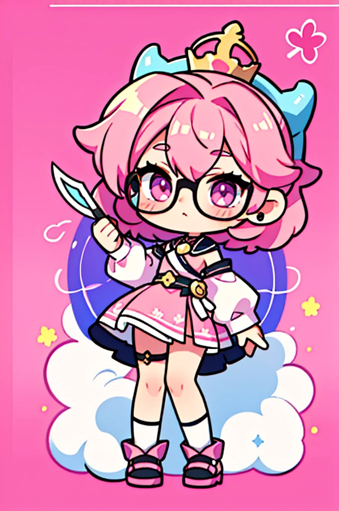 man ,cartoon girl with pink hair and glasses wearing a crown, ((pink)), Official fan art, The delicate androgynous prince, anime moe art style, beautiful androgynous prince, cute art style, Chibi style, 🍁 cute, Kawaii Chibi, ❤🔥🍄🌪, Chibi Art, Fan Art Demon Slayer Rui, cute character, Maple character art, High quality fan art