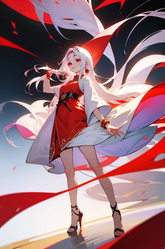 (simple hands:0.5)+(detailed hands:0.7), (masterwork), (best quality), white hair, red eyes, oriental dress, knight, 1girl, pale skin, white hair, red eyes, two tone hair, eyelashes, bracelet, jewelry, smile, gleaming skin, shiny hair, detailed and majestic stage, Fantasy, Long Hair, 1 girl, full body, colorful dress,
