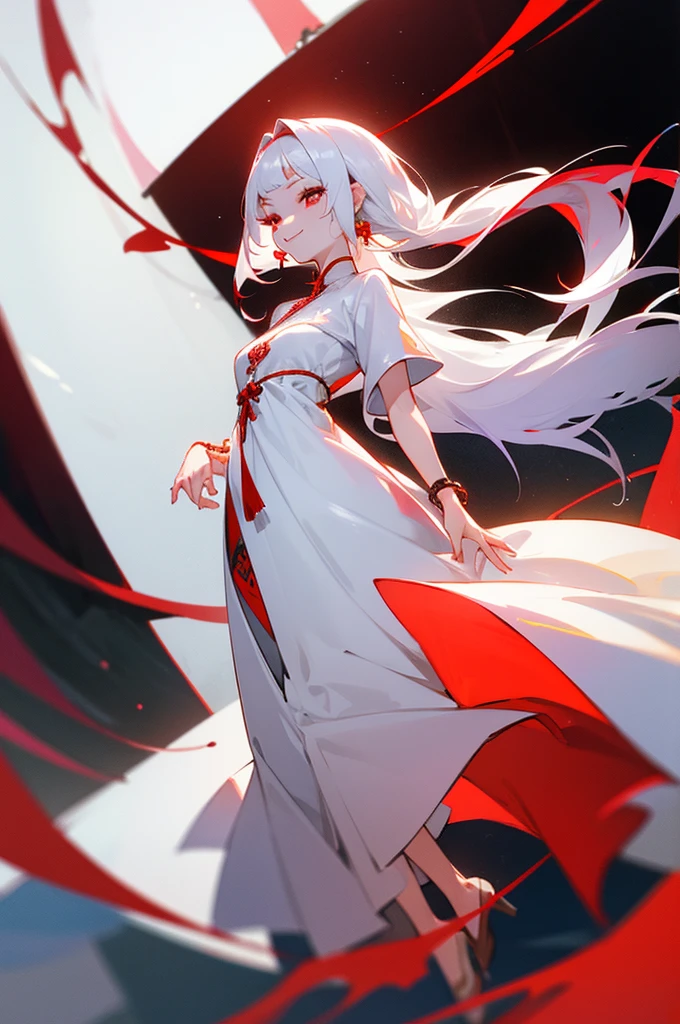 (simple hands:0.5)+(detailed hands:0.7), (masterwork), (best quality), white hair, red eyes, oriental dress, knight, 1girl, pale skin, white hair, red eyes, two tone hair, eyelashes, bracelet, jewelry, smile, gleaming skin, shiny hair, detailed and majestic stage, Fantasy, Long Hair, 1 girl, full body, colorful dress,