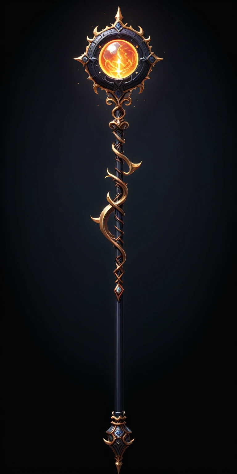 pixel art, cartoon illustration, Divine glavie greatstaff, Powerfull Magical theme, simple black background, RPG game icon