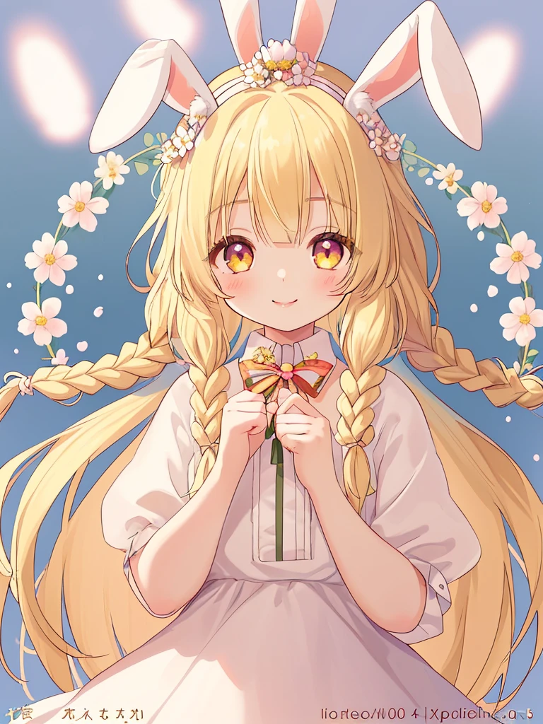 1 girl, alone, child's long hair, looking at viewer, standing apart, smile, bangs, blonde hair, hair ornament, holding, animal ears, light blonde eyes, upper body, braid, flower, hair flower , bunny ears, twin braids, lips, animal , watermark, rabbit, head crown, holding animal, flower crown
