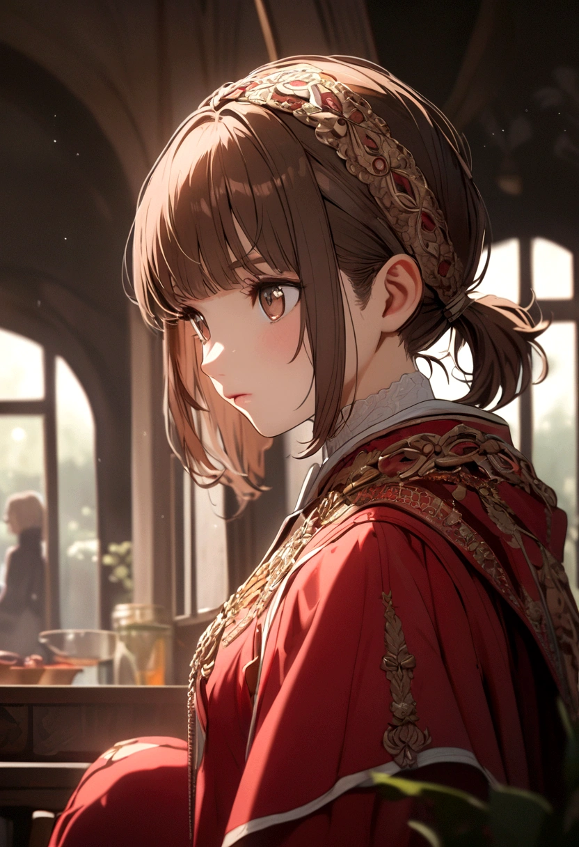 Girl with brown hair, short pigtails, bangs, red scarf on hair, brown eyes, red jumpsuit, puffy pants, white t-shirt inside