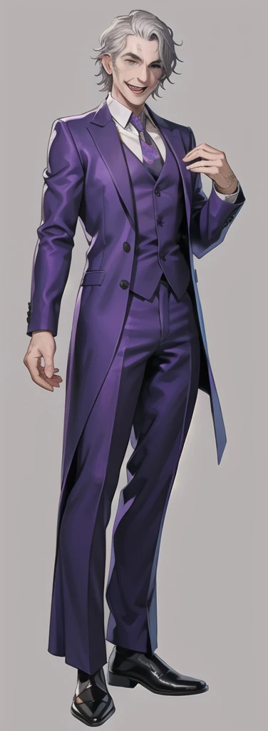 Portrait of a man in his 40s、standing、silver hair、the joker、purple dress , smile open mouth , Long body、 full body、desert background、