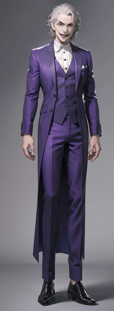 Portrait of a man in his 40s、standing、silver hair、the joker、purple dress , smile open mouth , Long body、 full body、desert background、