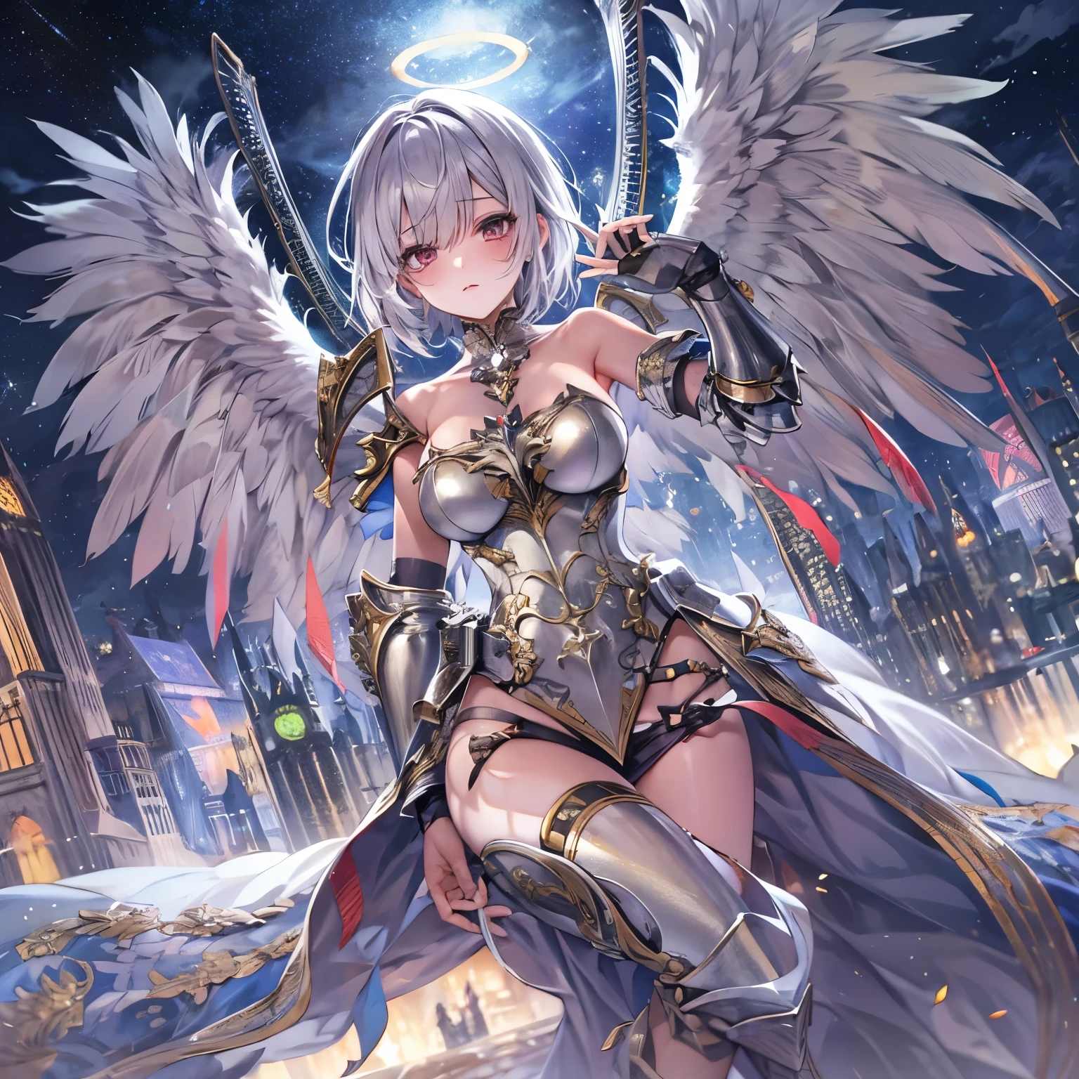 fantasy, 1angel_girl,(_teen:, ,brown_hair, medium_bob_hair, long_bangs, halo,bare_shoulder,thighhighs,silver_armor, waist_armor, large_breasts,1pair_wings, dynamic_pose_fighting,floating, bare_crotch, headgear,gauntlet, greaves,city_landscape_background,slightly_spread_legs, solo, groin_naked,smile
