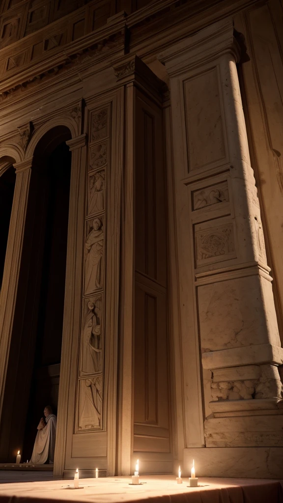 Early Christians, praying in secret, ancient Rome, simple robes, hidden room, Christians gathered around a small altar, shadows and flickering candles in the background, medium shot, hyper-realistic, photo realism, cinematography