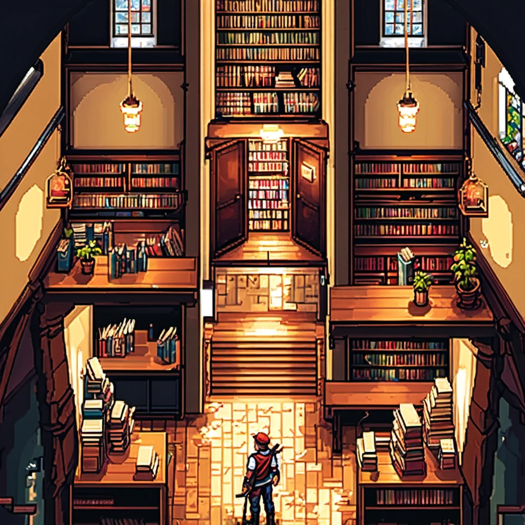masterpiece, [thin outline],
BREAK,
inside the huge scale book store, indoor,
BREAK,
(RPG maker style top down view), pixel art