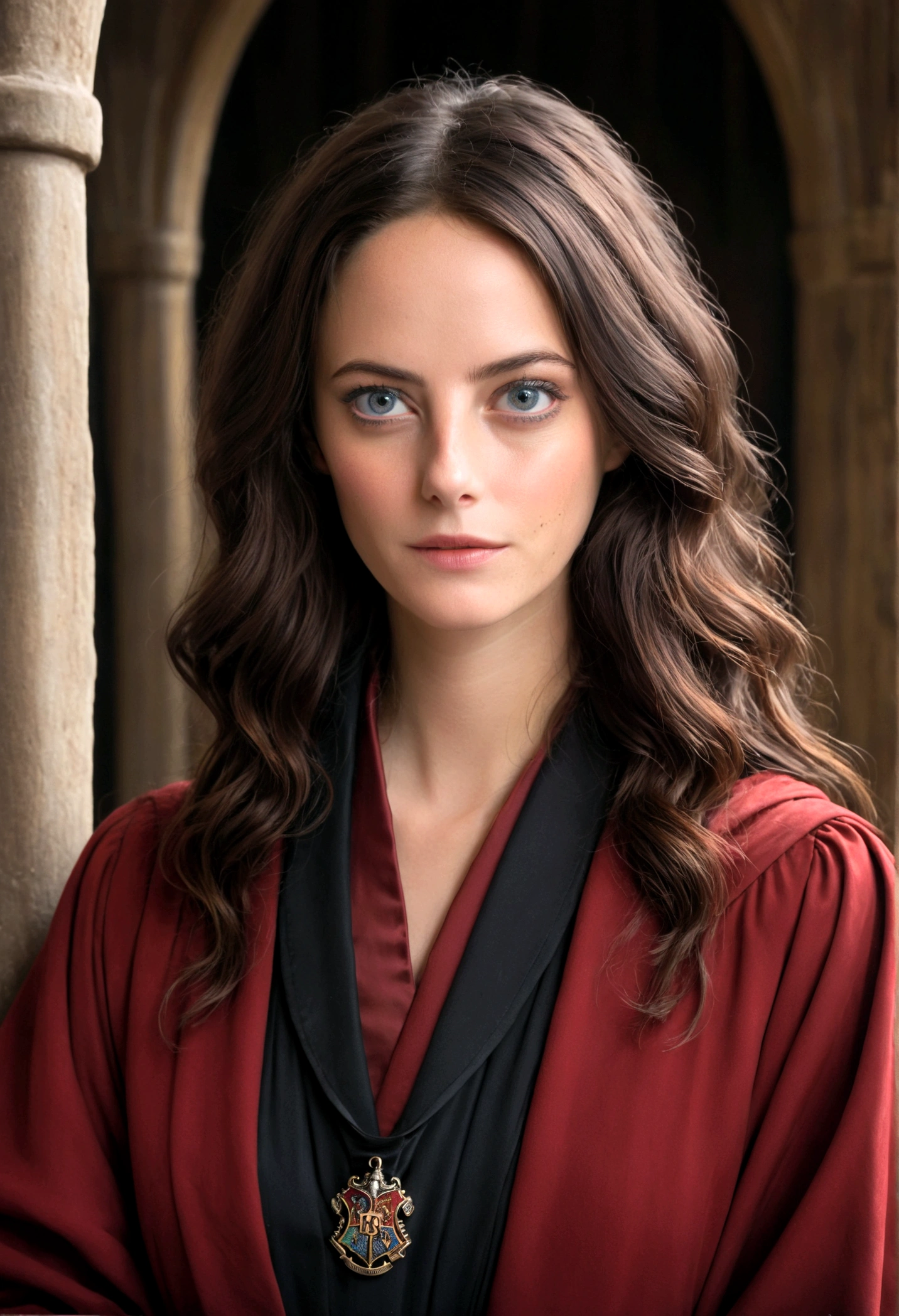 ((medium close-up))),1girl in,8K, Raw photography, top-quality, ​masterpiece, realisitic,Robes,wearing black wizard robes, magic , looks like an aged 29 Kaya Scodelario, aged 34, wearing robes and neckties, hogwarts style, wearing red sorcerer's robes, High quality clothing, (Canon EOS 5D Mark IV Camera, Famous for capturing vibrant colors and rich textures:1.2)
