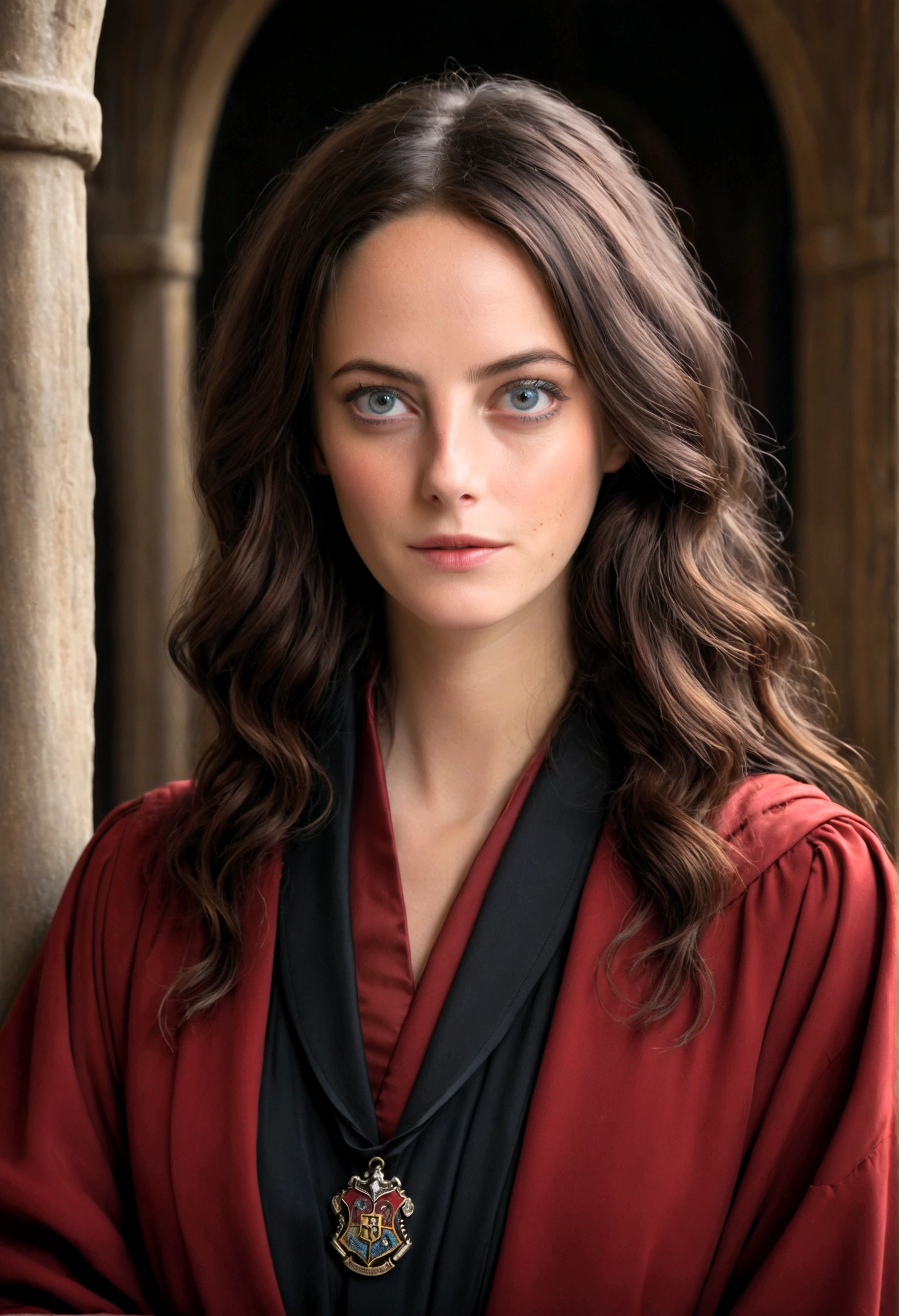 ((medium close-up))),1girl in,8K, Raw photography, top-quality, masterpiece, realisitic,Robes,wearing black wizard robes, magic , looks like an aged 29 Kaya Scodelario, aged 34, wearing robes and neckties, hogwarts style, wearing red sorcerer's robes, High quality clothing, (Canon EOS 5D Mark IV Camera, Famous for capturing vibrant colors and rich textures:1.2)
