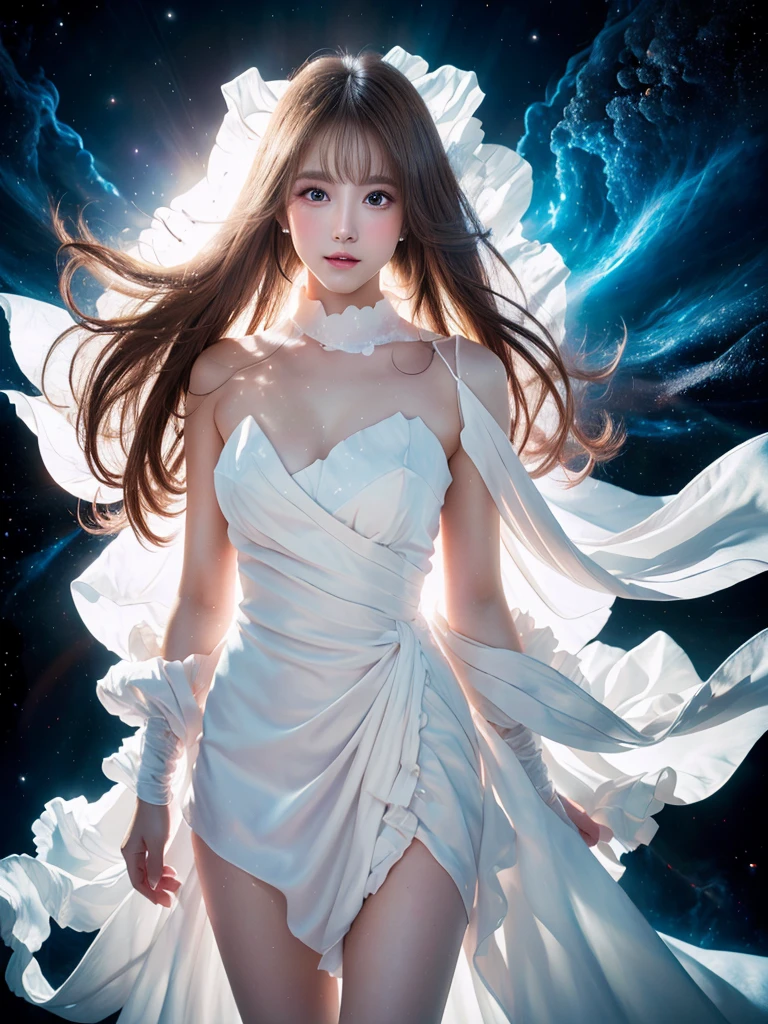 4K Ultra HD, masterpiece, A girl with a magical aura, Nice face, Long Hair, Shiny Hair, Fine grain, Glossy lips, Nude 1.5, Aura around the body, Magical Effects, Spreading white light, Cosmic elements and ethereal atmosphere, A mix of bright lights and colorful nebulae, Space Background,, Full Body Capture.(((Whitening 1.5)))、Silver Hair、(((Wearing white cloth 1.5)))、Hair and fabric fluttering in the wind、、Full Body Shot、Open your mouth、(((1.5)))、