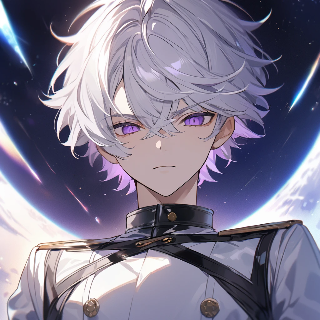 High quality, HD, 4k, handsome male, 1male, 17 years old, teenager, golden lining, short white hair, sharp eyes, dark purple eyes, deep purple eyes, devil may cry, close up, calm expression, stoic expression, black leather clothes, white leather uniform, lean body, upper body, looking at viewer, cowboy shot, white solar, space background