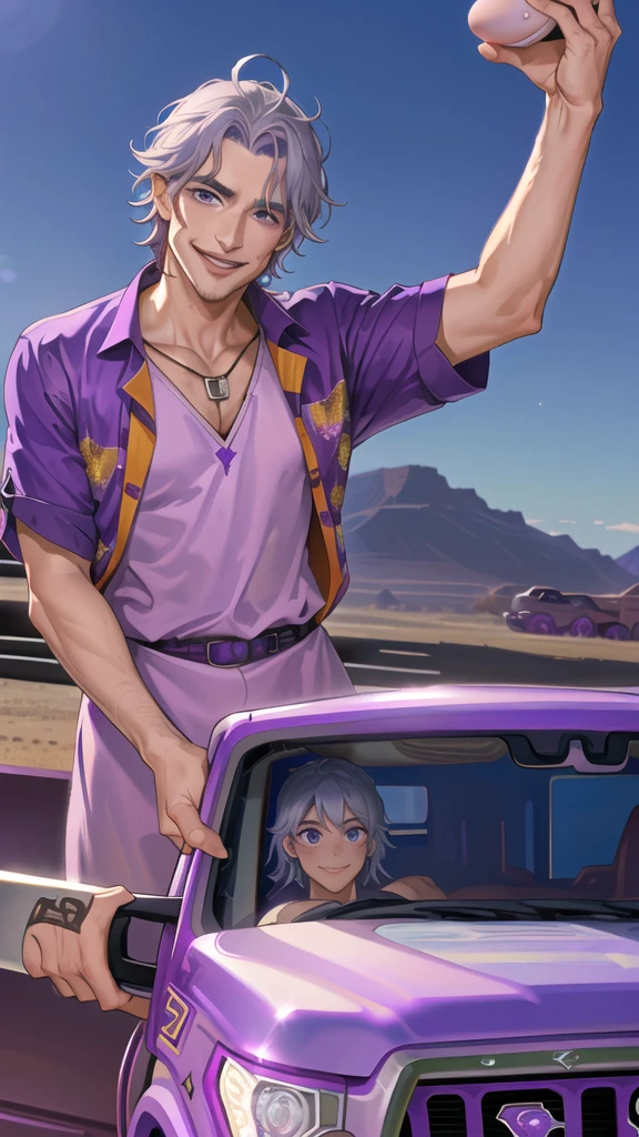 Portrait of a man in his 40s、standing、silver hair、the joker、purple dress , smile , Long body、 、desert background、(holding eggs:1.1) , (driving a purple pickup truck :1.5)