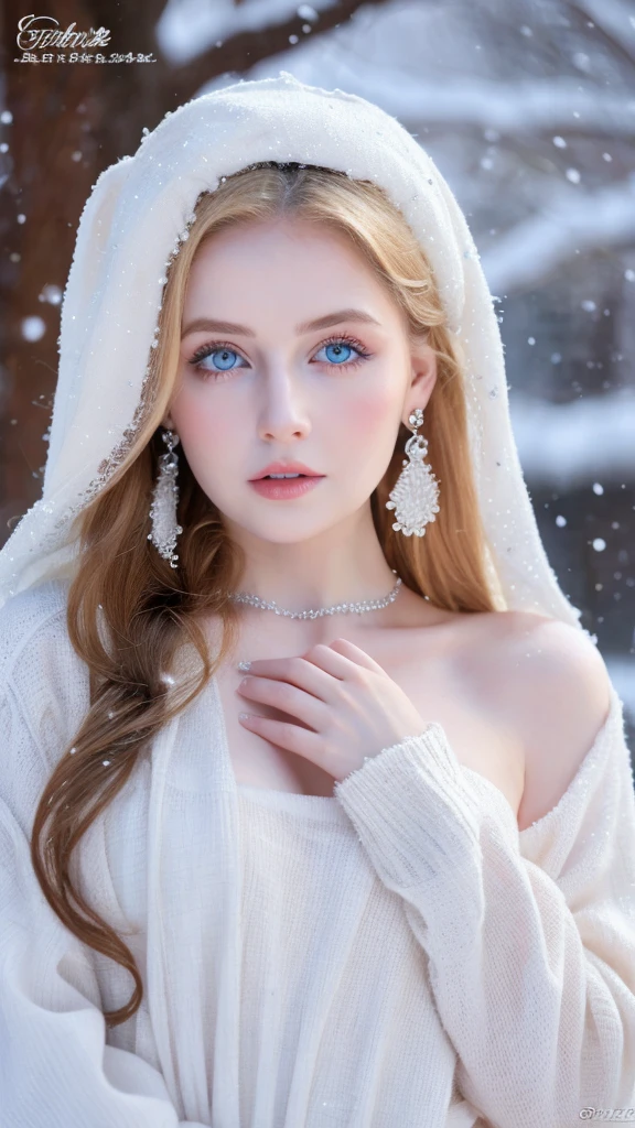 Beautiful girl, blue eyes, long curly white hair witg, detailed facial traits, beautiful earrings, national white turkic female dress (Chuvash), naked breasts, yurta behind, it's snowing, sexy pose