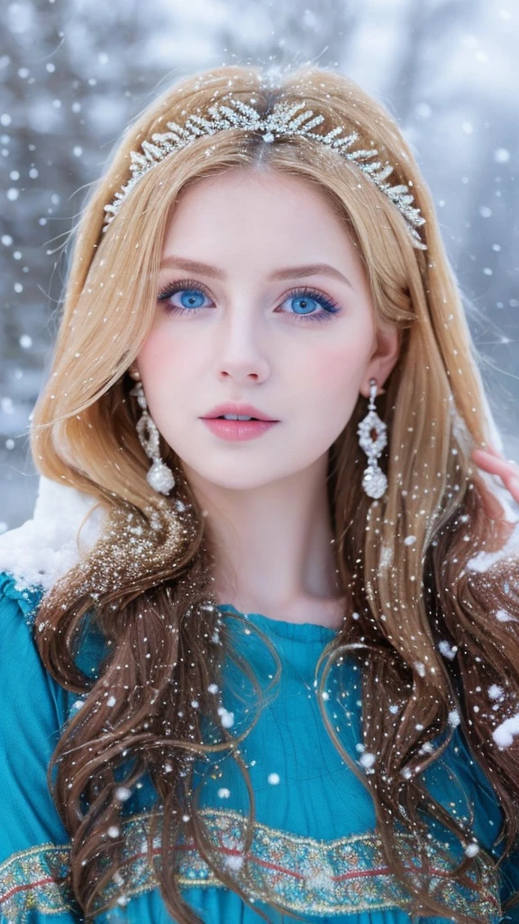 Beautiful girl, blue eyes, long curly white hair witg, detailed facial traits, beautiful earrings, national white turkic female dress (Chuvash), naked breasts, yurta behind, it's snowing, sexy pose