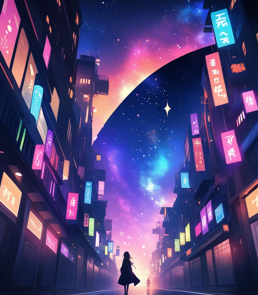 Night city,Starry Sky,Colorful sky gap,Dark Tones,Street lights,Fantasy