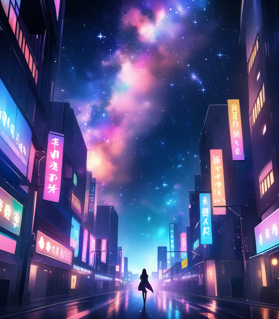 Night city，Starry Sky，Colorful sky gap，Dark Tones，Street lights，Fantasy