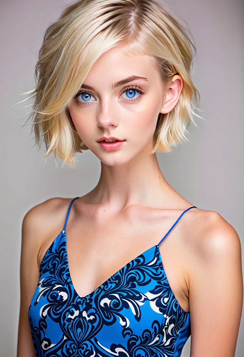 Wonderfull,beautiful,woman,18 years old,skinny,,sweet,cute,blue eyes,blonde short hair,using a tight and short dress,pousing for a professional photoextreme hiper high quality ever,extreme hiper high detailed,extreme hiper high resolution,extreme hiper high realistic,real,perfection