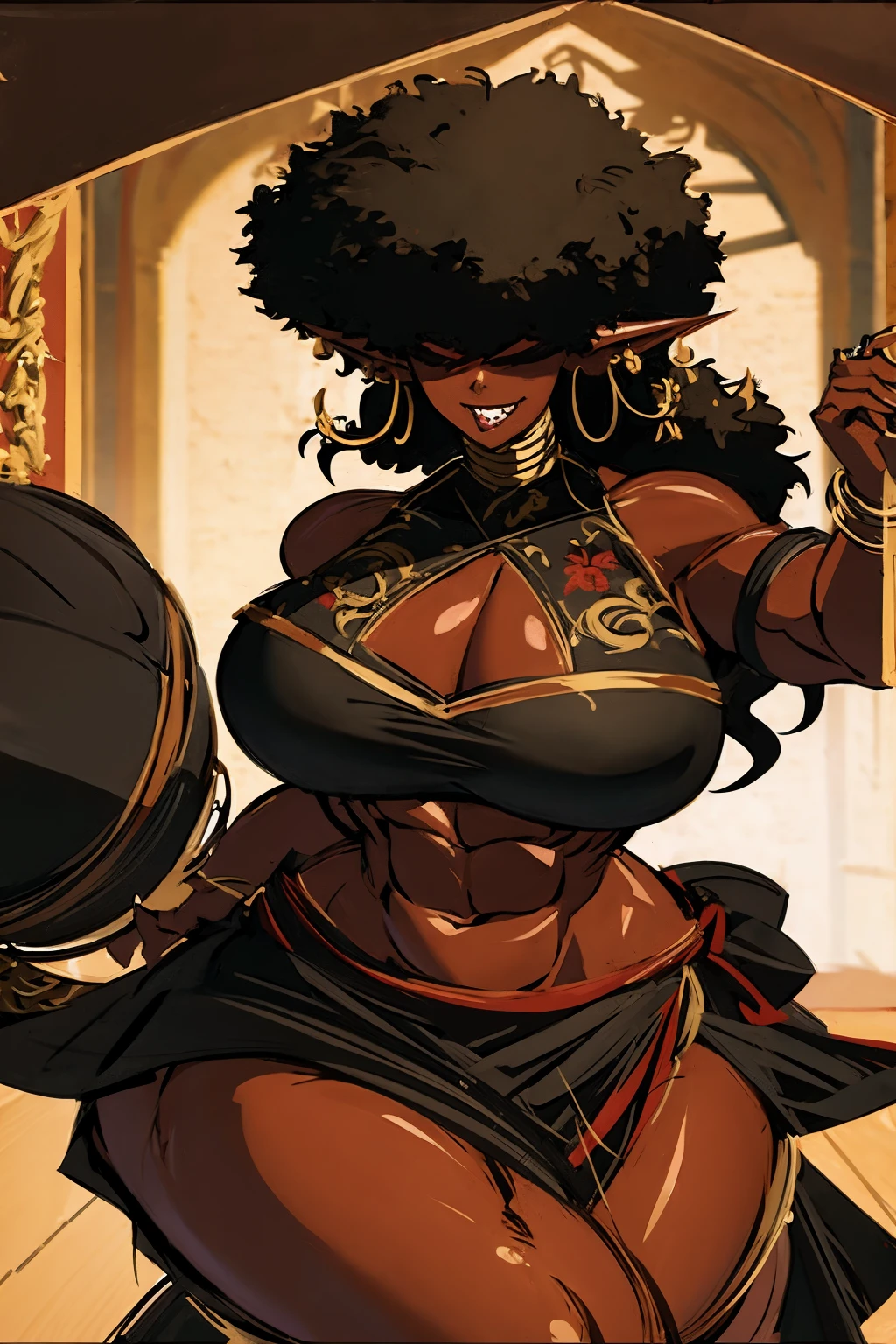 (masterpiece, best quality:1.2),1 girl, voluptuous body, full body, masterpiece, dominant pose, good anatomy, no extra limbs, big ass, thick thighs, black hair, voluminous afro, pointy ears, gold earrings, black top with red details, black skirt with red details, gold necklaces hair covering eyes no eyes