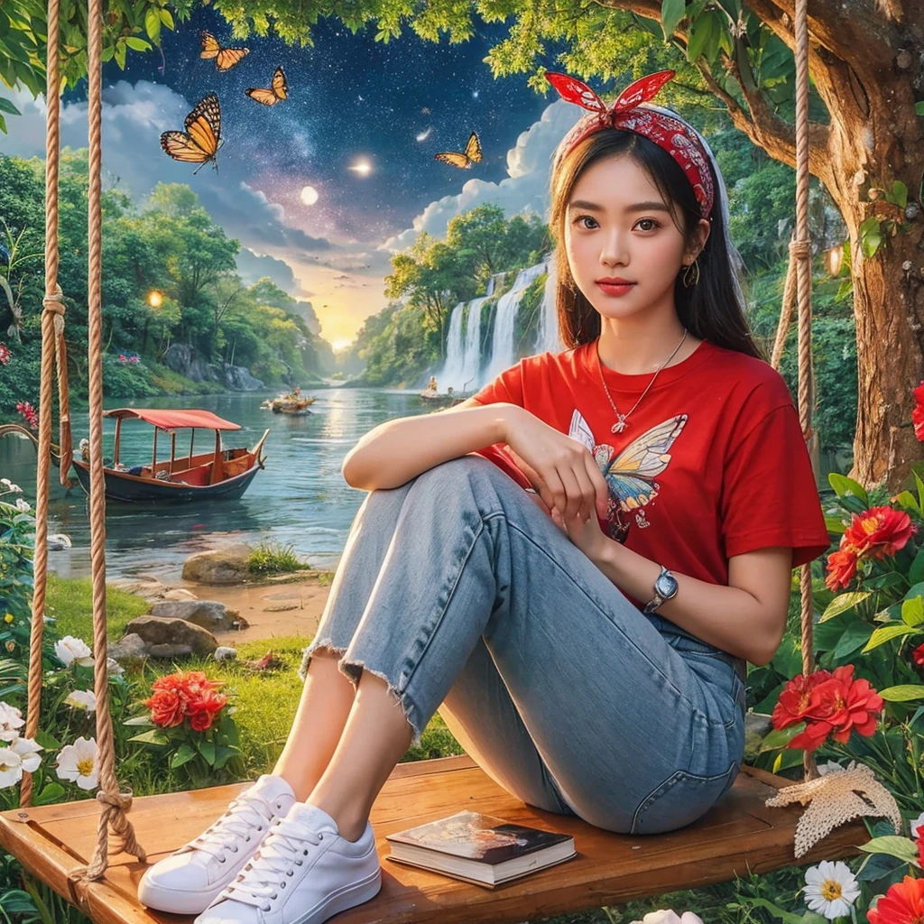 A beautiful Indonesian woman with a clean and gentle face wearing a red t-shirt, white jeans, white sneakers and bandana, posing sitting on a wooden swing under a tree with flowers and butterflies around it, with a natural scenery background, there is a river, waterfall, boat,and night  day ,star and light moon ,while holding a book ,realistic HD high-quality photography ultra detail face, 18k camera Canon