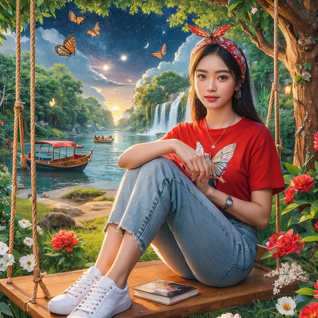 A beautiful Indonesian woman with a clean and gentle face wearing a red t-shirt, white jeans, white sneakers and bandana, posing sitting on a wooden swing under a tree with flowers and butterflies around it, with a natural scenery background, there is a river, waterfall, boat,and night day ,star and light moon ,while holding a book ,realistic HD high-quality photography ultra detail face, 18k camera Canon