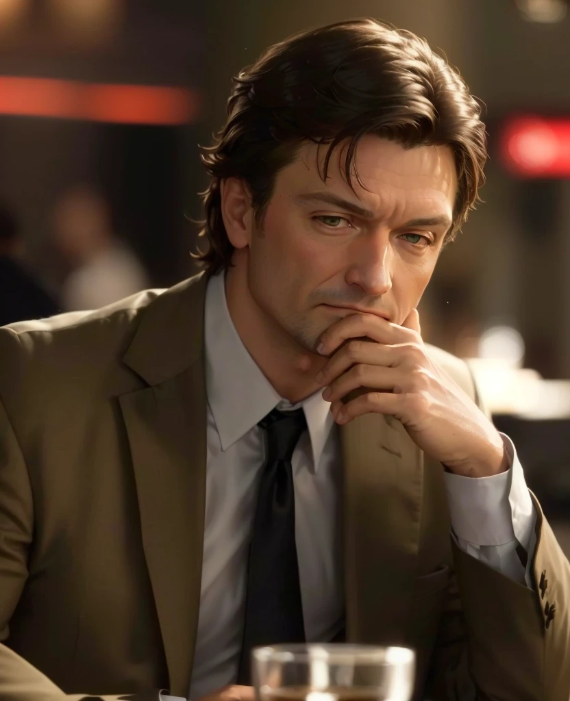 There is a man sitting at a table with a glass of water, filme ainda de alta qualidade, profundamente em pensamento, fazendo o olhar bateman, Still cinematic, imagem de alta qualidade, Hugh detalhado, programa de TV ainda, fevereiro), vestindo um terno marrom desgastado, captura de tela de alta qualidade, homem triste, Nathan Fillion, no show westworld, verdadeiro detetive, considerado, Cavaleiro de Copas