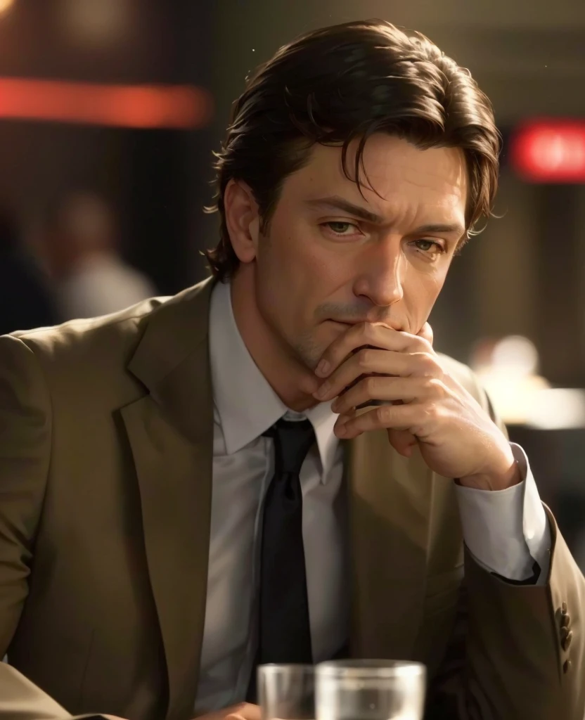 There is a man sitting at a table with a glass of water, filme ainda de alta qualidade, profundamente em pensamento, fazendo o olhar bateman, Still cinematic, imagem de alta qualidade, Hugh detalhado, programa de TV ainda, fevereiro), vestindo um terno marrom desgastado, captura de tela de alta qualidade, homem triste, Nathan Fillion, no show westworld, verdadeiro detetive, considerado, Cavaleiro de Copas
