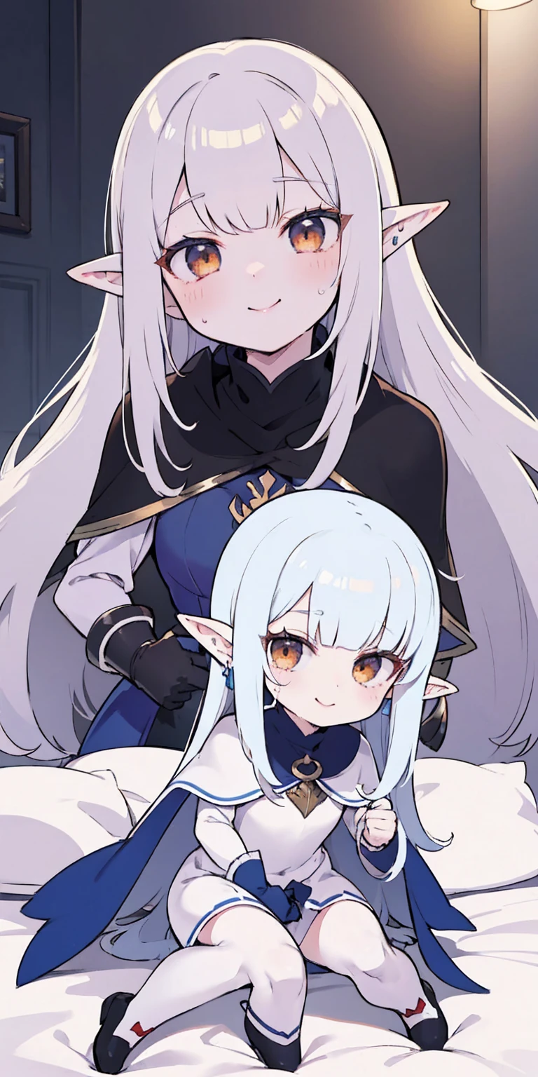 masterpiece, best quality, CG, wallpaper, HDR, high quality, high-definition, extremely detailed, drow, colored skin, dark elf, blue skin, grey skin, pointy ears, cape, armor, looking at viewer, 1girl on bed masturbate, dimmed light, brown eyes, long hair, chibi, red cheeks, sweat 😓 (happy smile closed mouth)