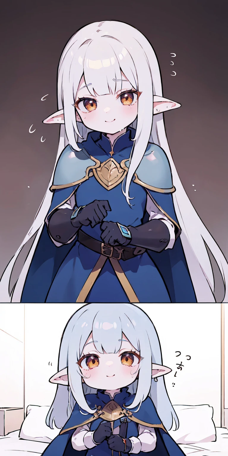 masterpiece, best quality, CG, wallpaper, HDR, high quality, high-definition, extremely detailed, drow, colored skin, dark elf, blue skin, grey skin, pointy ears, cape, armor, looking at viewer, 1girl on bed masturbate, dimmed light, brown eyes, long hair, chibi, red cheeks, sweat 😓 (happy smile closed mouth)