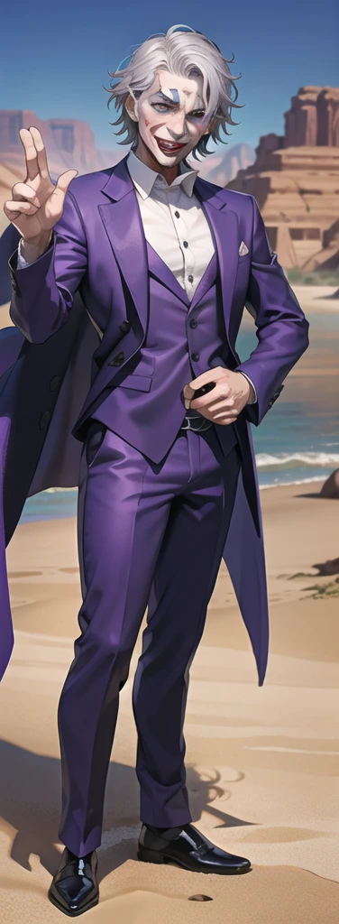 Portrait of a man in his 40s、standing、silver hair、the joker、purple dress , smile open mouth , Long body、 full body、desert background、