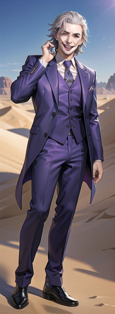 Portrait of a man in his 40s、standing、silver hair、the joker、purple dress , smile open mouth , Long body、 full body、desert background、