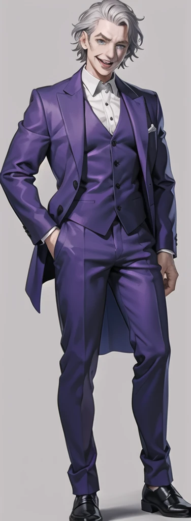 Portrait of a man in his 40s、standing、silver hair、the joker、purple dress , smile open mouth , Long body、 full body、desert background、