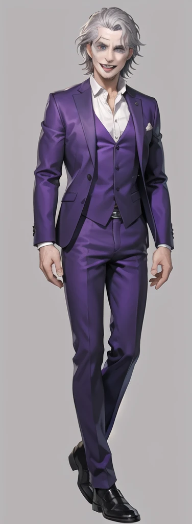 Portrait of a man in his 40s、standing、silver hair、the joker、purple dress , smile open mouth , Long body、 full body、desert background、