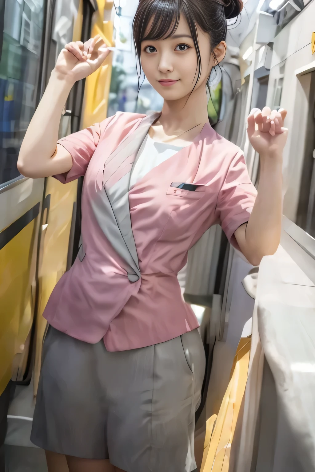 (masterpiece:1.2, highest quality:1.2), 32K HDR, High resolution, (alone、1 girl)、(On the rooftop of a building in the daytime、Professional Lighting)、Building rooftop background、(Nankai train crew uniform pinkを着たリアルスタイル)、(Nankai train crew uniform pink short sleeve collarless pink jacket、Nankai Train Crew Uniform Pink Collarless Short Sleeve Blouse、Nankai Train Crew Uniform Pink Grey Knee-length Culottes)、((The bottom of the pink short-sleeved jacket cannot be tucked into the clay-colored culottes.))、Dark brown hair、(Hair tied up、Hair Bun、Hair Bun)、Dark brown hair、Long Shot、Big Breasts、Thin legs、((Great hands:2.0)),((Harmonious body proportions:1.5)),((Normal limbs:2.0)),((Normal finger:2.0)),((Delicate eyes:2.0)),((Normal eyes:2.0)))、(Nankai Train Crew Uniform Pink Grey Knee-length Culottesを見せた美しい立ち姿)、smile
